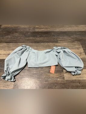 SHEIN Light Blue Puff-Sleeve Off-Shoulder Crop Top